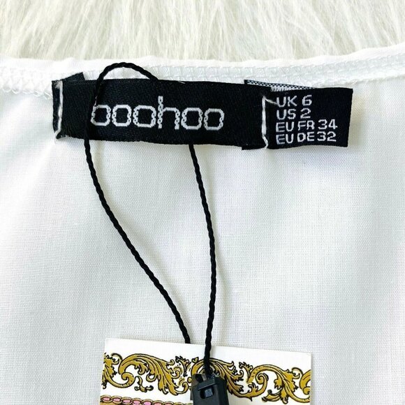 boohoo Women's size 6 Petite V Neck Smock Mini Dress 3/4 Sleeves White NEW - Picture 5 of 8